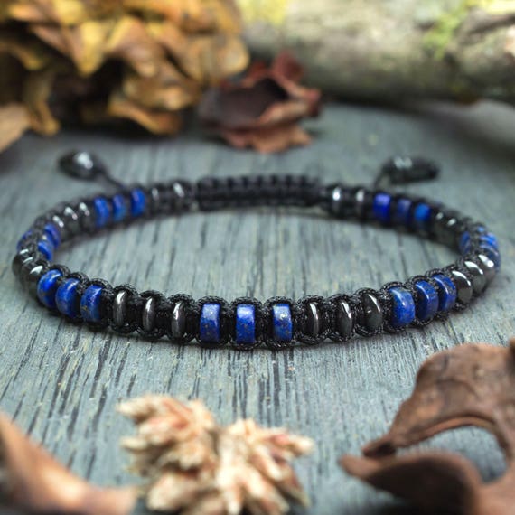 Elegant Bracelet Man pearls Ø4mm in Natural Stone Gem Lapis Lazuli Hematite black nylon thread Creation 1000ola Handmade