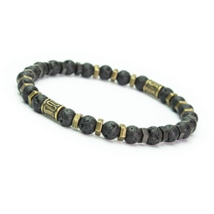 Magnífica pulseira masculina com contas de Ø 6 mm, pedra preciosa, lava vulcânica, hematita, metal, cor bronze, aparência antiga, estilo tibetano, feito na França