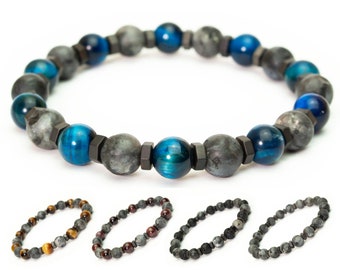 Men's/Women's Bracelet Ø8mm beads in natural stone Larvikite Labradorite matte Hematite Tibetan Style