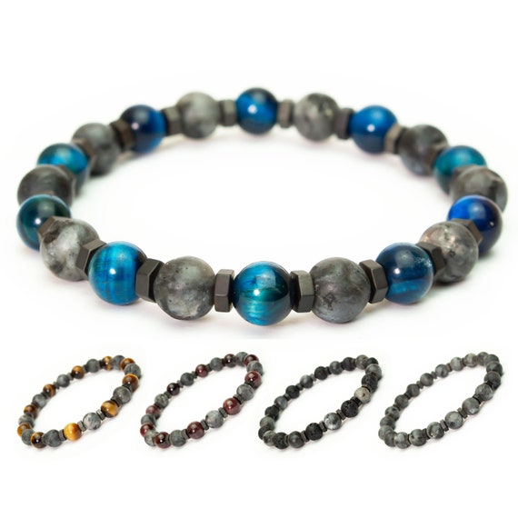 Men's/Women's Bracelet Ø8mm beads in natural stone Larvikite Labradorite matte Hematite Tibetan Style