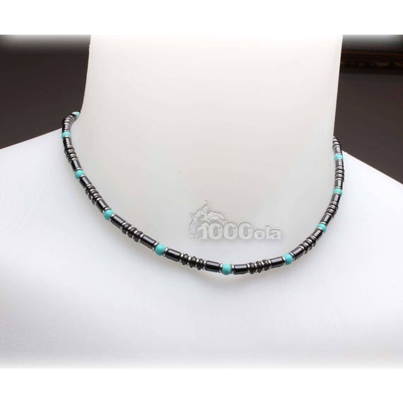 Beautiful High-End Jewelry Men's Necklace in Natural Stones Howlite turquoise color 4mm hematite metal stainless steel