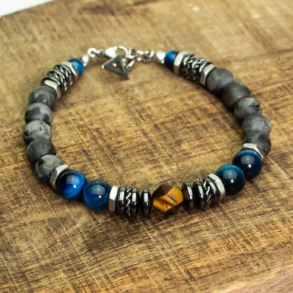 EXCLUSIVE | For you this powerful & elegant bracelet – Natural stones Tiger Eye turquoise Larvikite Stainless steel Beads 8mm