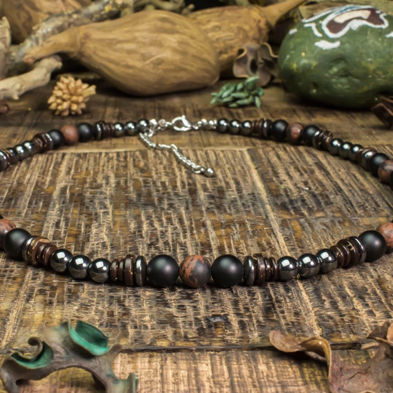 Necklace man beads Ø6 - 8 mm natural stones Mahogany Obsidian Agate/Onyx wood coconut/coconut Hematite steel inox/stainless silver color