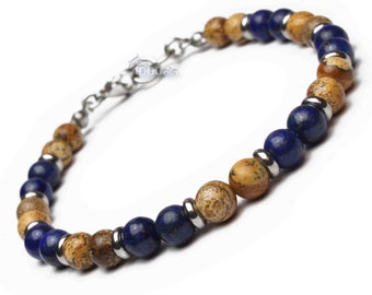 BRACELET Men/Women Natural stone beads Jasper Picasso 6mm Lapis Lazuli rings with lobster clasp Stainless/stainless steel metal P128