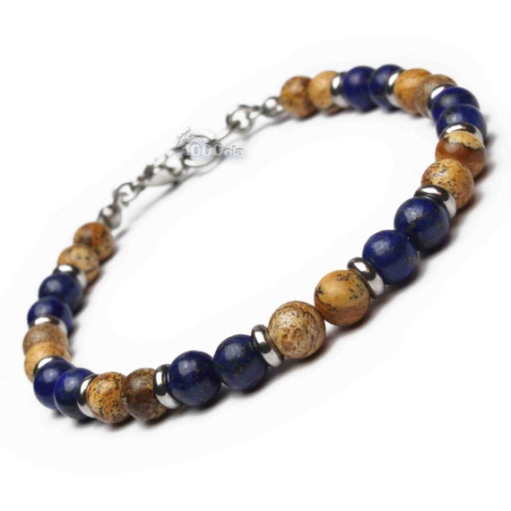 BRACELET Man/Woman Natural stone beads Jasper Picasso 6mm Lapis Lazuli rings lobster clasp Stainless steel/stainless steel P128