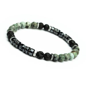 Tibetan Style Bracelet Magnificent Beads 6 mm in African Turquoise Stones Volcanic Lava Hematite, Stainless Steel Handmade in France