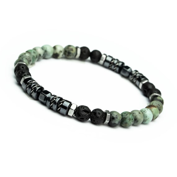 Tibetan Style Bracelet Magnificent Beads 6 mm in African Turquoise Stones Volcanic Lava Hematite, Stainless Steel Handmade in France