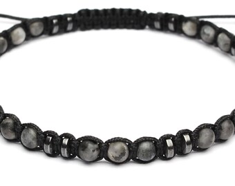 Bracelet Homme STYLE Tibétain Mala  perles Ø 4mm  en Pierre Naturelle Larvikite Labradorite Gris mat Hématite noir fil nylon fait main 1000