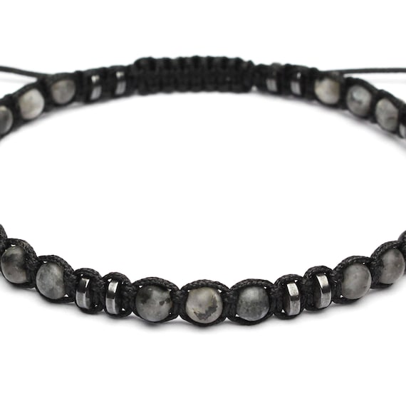 Men's Bracelet STYLE Tibetan Mala beads Ø 4mm Natural Stone Larvikite Labradorite Matte Grey Hematite Black Handmade Nylon Thread 1000