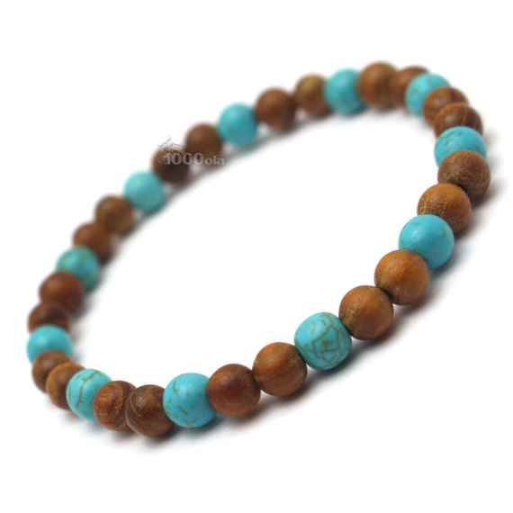 Surfer/surfing style bracelet for men/women, natural Huanghuali brown wood beads Ø6mm, natural howlite stone, turquoise color P89