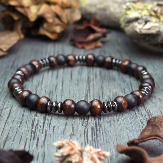 Men's Surfer/Surf Style Bracelet Natural Stone Beads Matte Black Agate/Onyx Ø6mm Brown Wood Hematite Handmade Made in France 1000ola