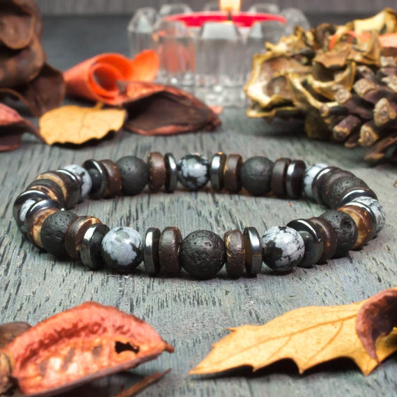 Magnificent Men's Bracelet Ø8mm beads Natural stone Obsidian Snow Flake Volcanic Lava Coconut Wood/Coconut Hematite Creation 1000ola