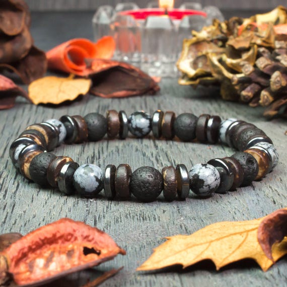 Beautiful Men's Bracelet Pearls -8mm Natural Stone Obsidian Snow Flake Volcanic Lava Coconut Wood/Coco Hematite Creation 1000ola