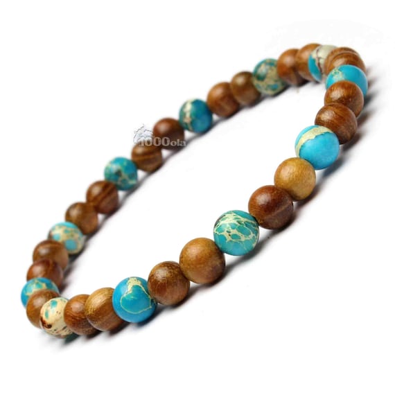 Bracelet style surfer/surf man/woman natural pearls Huanghuali brown wood Ø6mm, stone Sea Sediment Jaspe/Jasper Gemstone turquoise