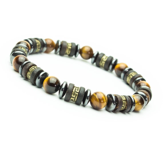 Men's/Women's Tibetan style bracelet 8mm beads Tiger Eye stones Hematite washers Coconut Wood Bronze color metal made in France
