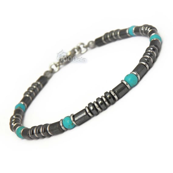 New BRACELET Man/Woman Natural stone beads hematite Black howlite turquoise color rings lobster clasp Stainless steel/stainless steel