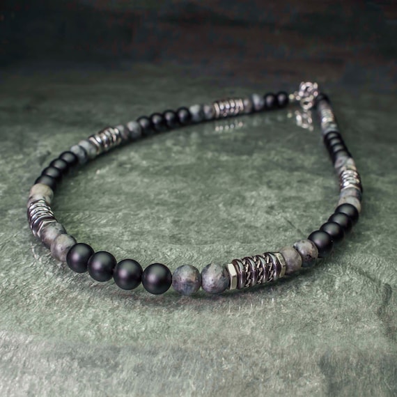 Beautiful Necklace Man pearls 8mm natural stone Agate matte black Larvikite Labradorite matte grey washers Hematite metal INOX