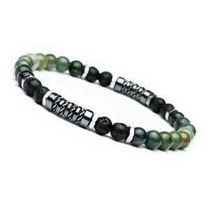 EXCLUSIVE | Men&#39;s Women&#39;s Bracelet Beads 6mm Green Agate, Black Volcanic Lava, Hematite, Silver-colored Stainless Steel - Handmade in France