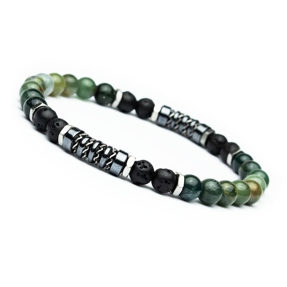 EXCLUSIVE | Men's Women's Bracelet Beads 6mm Green Agate, Black Volcanic Lava, Hematite, Silver-colored Stainless Steel - Handmade in France