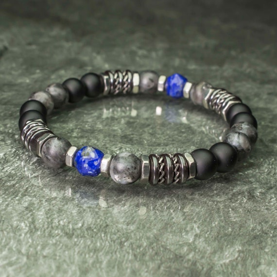 Bracelet pearls 8mm natural stones Lapis Lazuli Facet Labradorite Matt Grey Agate/Onyx Black Hematite Stainless Steel Made in France