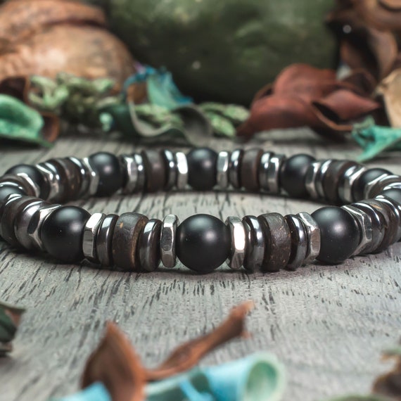 Beautiful Men's Bracelet/Men Pearls - 8mm Natural Stone Agate/Onyx Black Mat Bois Cocotier/Coco Hematite, stainless steel hexagon