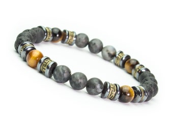 New 2022 Bracelet Homme perles 8mm Pierre Labradorite Lave Volcanique Œil de Tigre Hématite métal couleur Bronze Antique Tibétain France