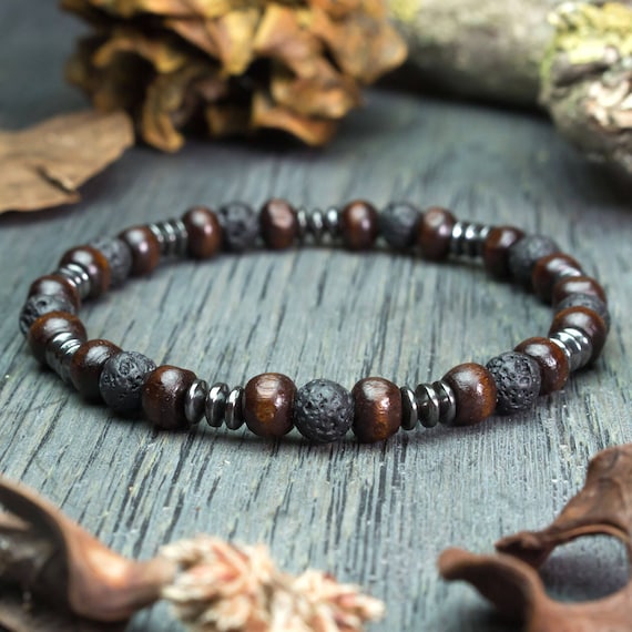 Bracelet Homme Style surfeur/surf perles en pierre naturelle Lave Volcanique noir Ø6mm Bois marron Hématite Fait Main Made in France 1000ola