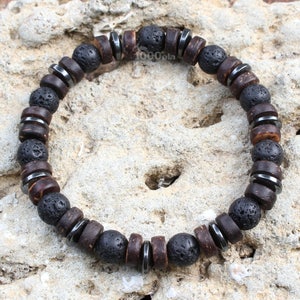 Magnificent Men's Bracelet/Men's beads Ø 8mm Natural Stone Volcanic Lava Wood Coconut Tree/Coconut, Hematite Made in France
