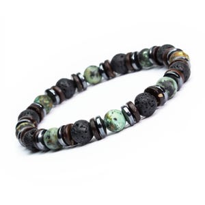 New! Elastic Bracelet Men/Women 8mm beads gemstones African Jasper turquoise Volcanic Lava Hematite coconut wood Made in France