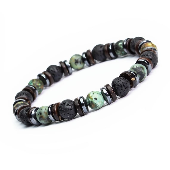 New! Elastic Bracelet Men/Women 8mm beads gemstones African Jasper turquoise Volcanic Lava Hematite coconut wood Made in France