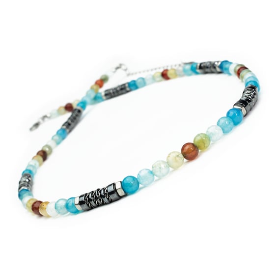 EXCLUSIF | Collier Perles 6mm Agate Turquoise, bleu-turquoise, bleu ciel , Hématite, Acier inoxydable couleur argent –  fait main en France