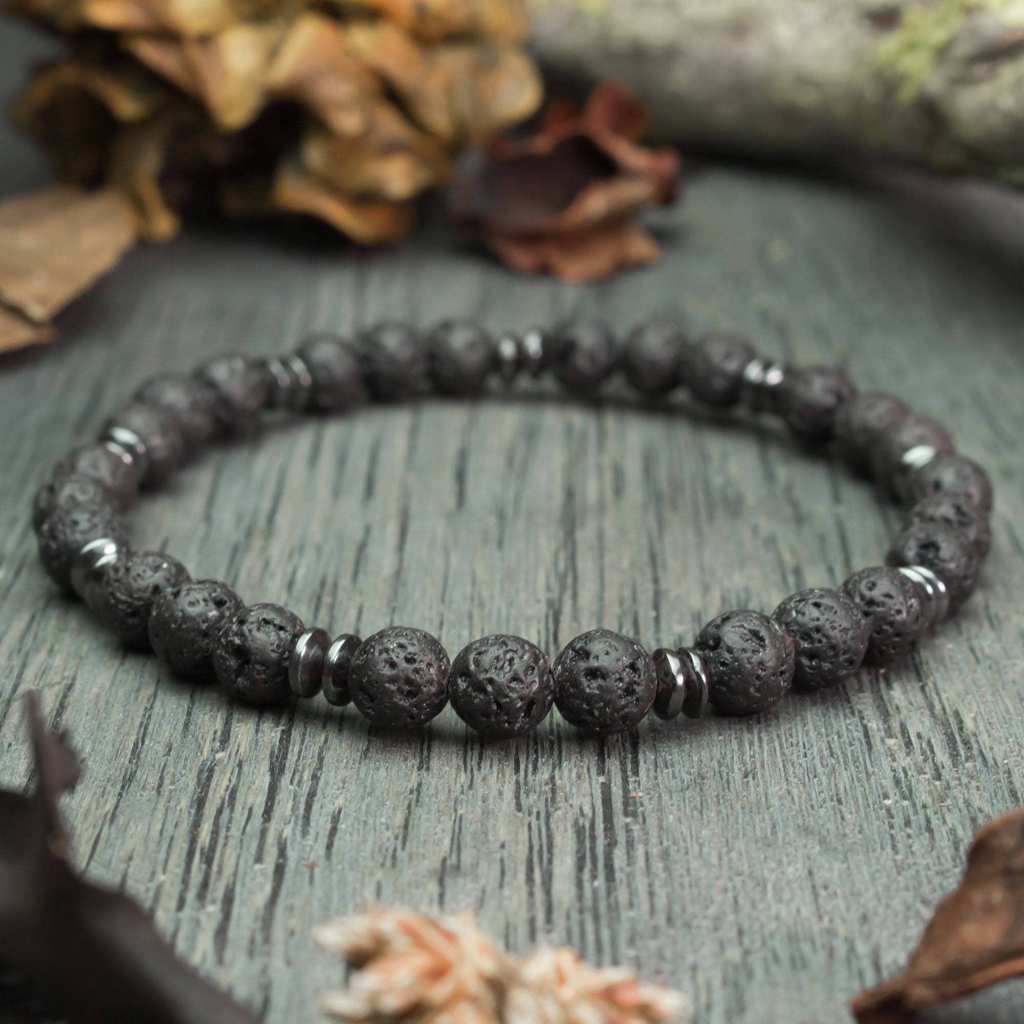 Bracelet Man black pearls Ø 6mm in natural stone Volcanic Lava