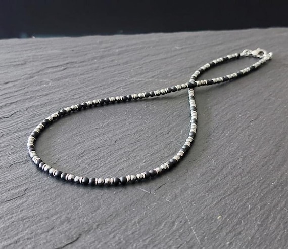 Men's and Women's Necklace – 4mm Black Agate and Hematite Beads, Silver-Tone Stainless Steel – Handmade in France