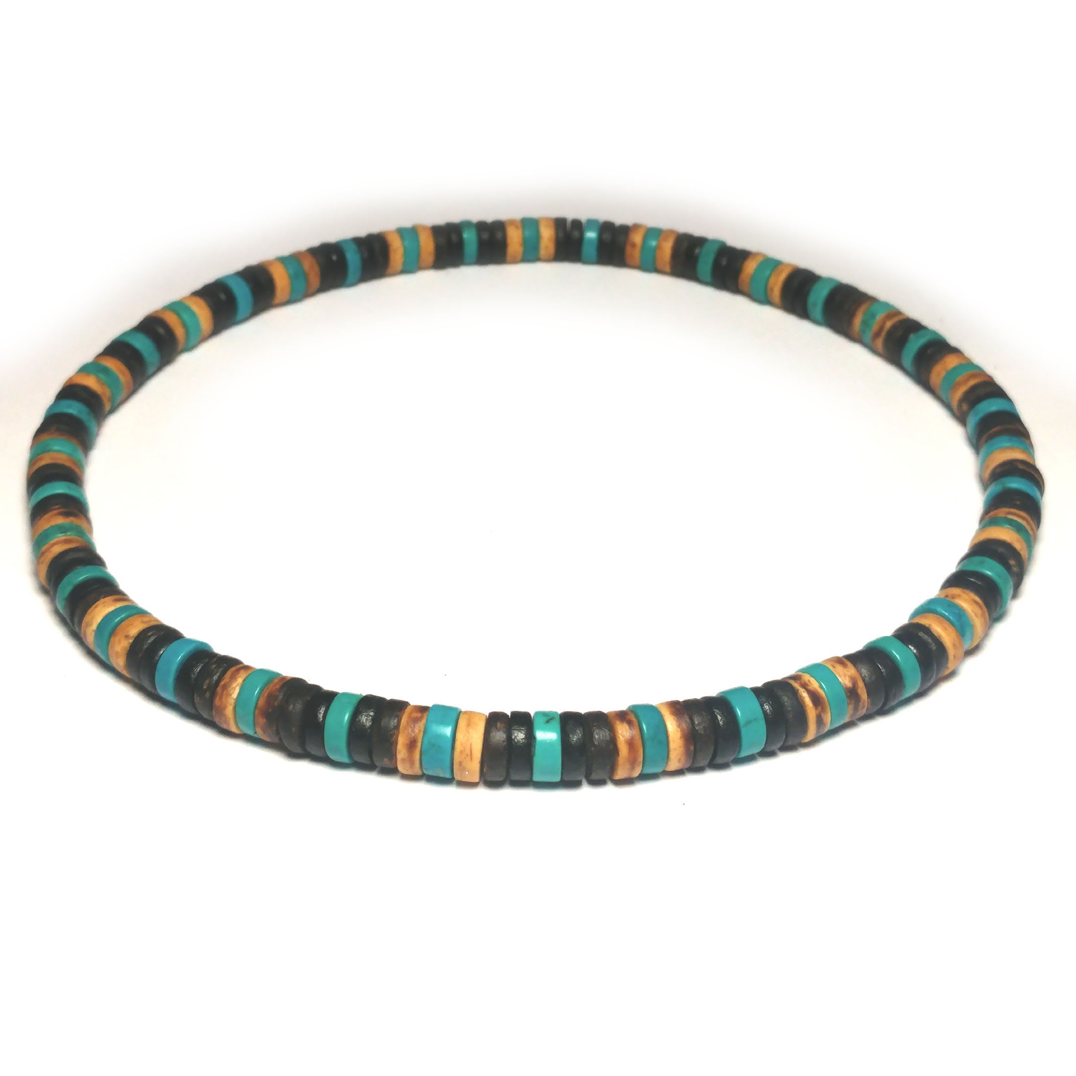 Collier Taille 46cm environ style surfeur/surf homme/femme perles Pierre  Naturelle Véritable Turquoise stabilisée Bois Cocotier/Coco Ø 8mm