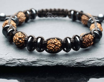 Magnifique Bracelet tressé Style Tibétain véritable graines Rudraksha 8-9mm, perles rondelles pierre Hématite fait main fabriqué en France