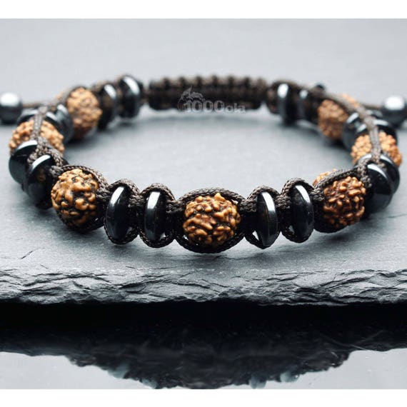 Magnificent Tibetan Style Braided Bracelet Genuine Rudraksha Seeds 8-9mm, Hematite Stone Rondelle Beads Handmade Made in France