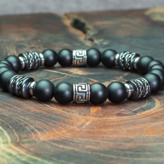 Men's Bracelet 8mm Beads Agate/Onyx Stones Matte Black Hematite Washers Stainless Steel Tibetan Style Silver Color Made in France 1000ola