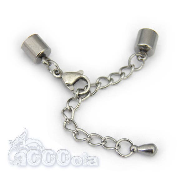 Acier Inoxydable/Inox lot de 2 ensembles " Embouts  9.8mm x6mm (pour fil 5mm) + Chaîne extension + Fermoir Mousqueton"  fil cuir,