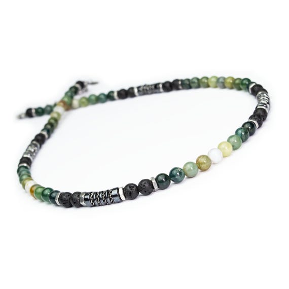 EXCLUSIF | Collier Homme Femme Perles 6mm Agate Vert, Lave Volcanique noir, Hématite, Acier inoxydable couleur argent –  fait main en France