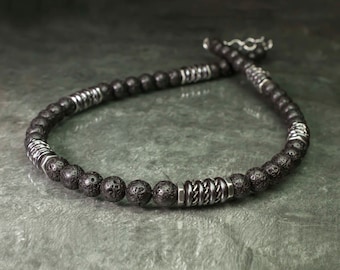 Collier Homme perles 8mm pierre Lave Volcanique (Vesuvianite) noir rondelles Hématite hexagone rondelle acier INOX Style tibétain 1000ola