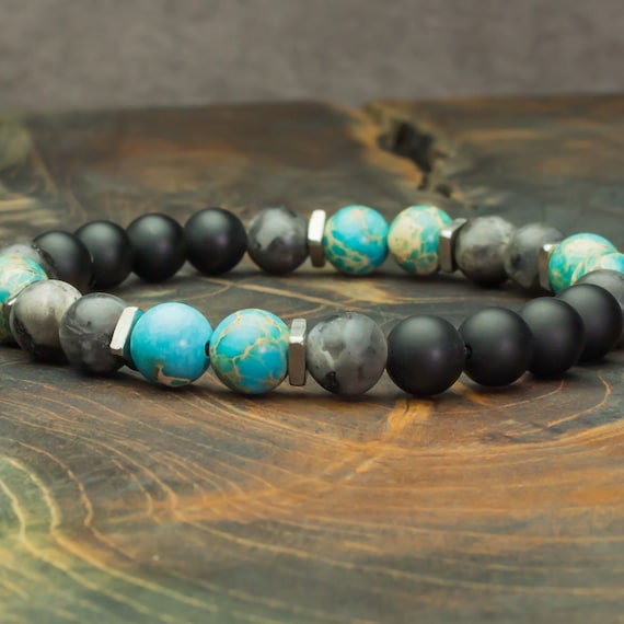 Men's/Female Pearls Bracelet 8mm Natural Stones Jaspe Sediment Labradorite Grey Mat Agate/onyx Black Stainless Steel Made in France