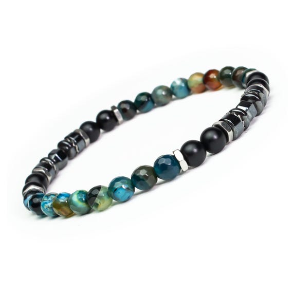 Sublime! Elastic bracelet Tibetan style beads 6 mm natural stone Agate, Hematite, stainless steel silver color handmade France