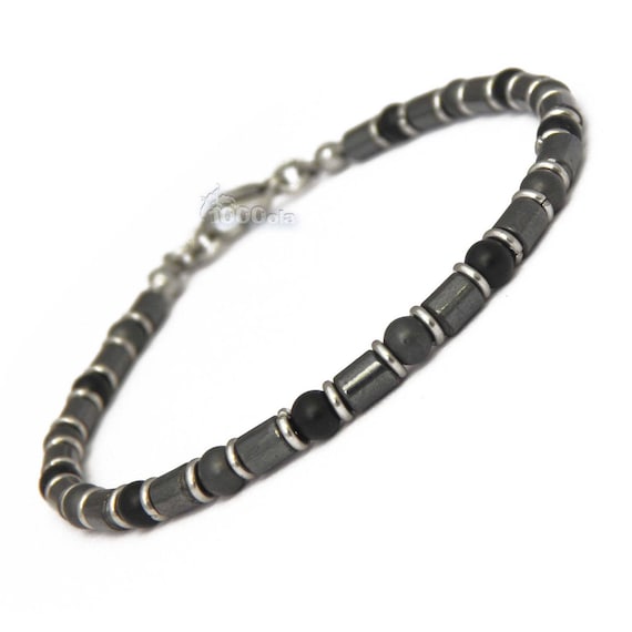 New collection Elegant BRACELET Man/Men's Pearls 4mm Natural stones agate/onyx matte black hematite clasp carabiner