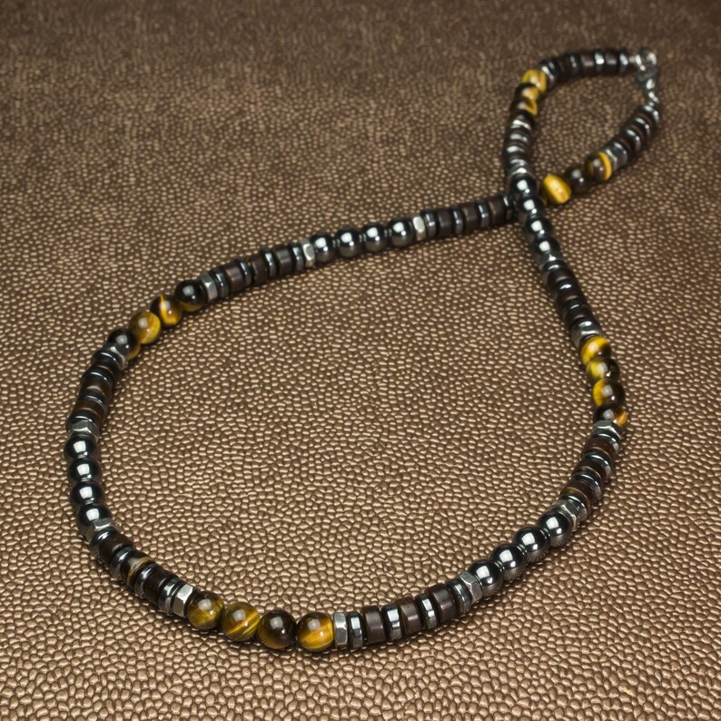 Collier Pendentif Croix En Hématite Avec Perle œil De Tigre - Longueur 50 Cm, Unisexe - Neuf Sans Emballage