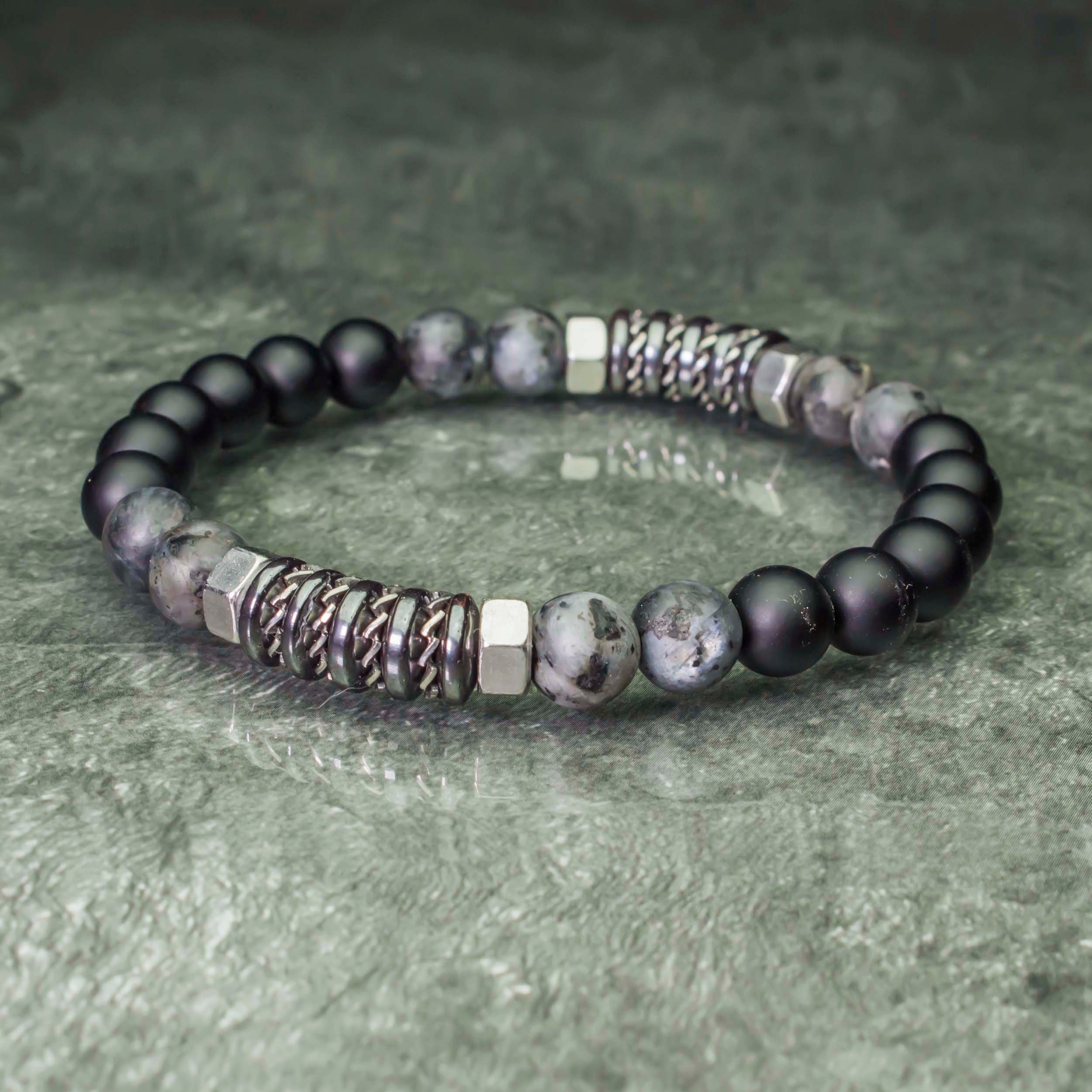 Bracelet Homme perles Ø8mm en pierre naturelle Larvikite Labradorite Gris  Mat Agate/Onyx Anneaux Acier inoxydable fait Main création 1000ola