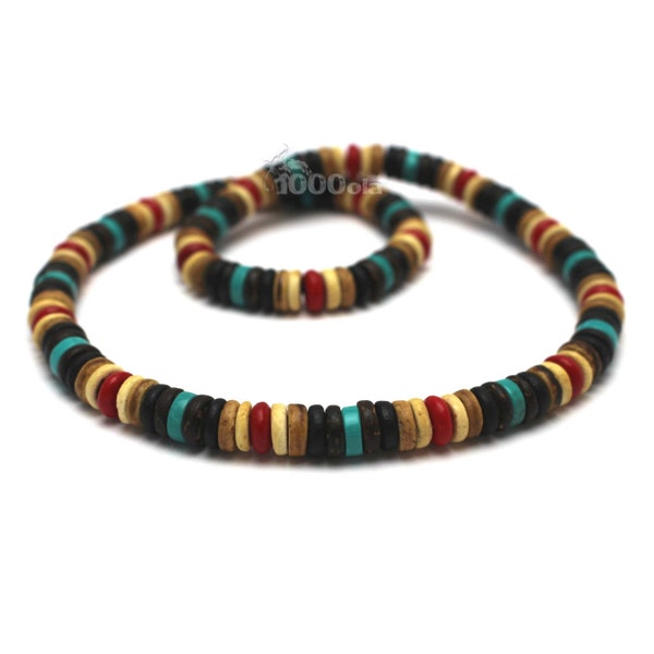 Collier style surfeur/surf homme/femme perles Pierre Naturelle Véritable Turquoise stabilisée Bois Cocotier/Coco Ø 8mm  howlite rouge  P78