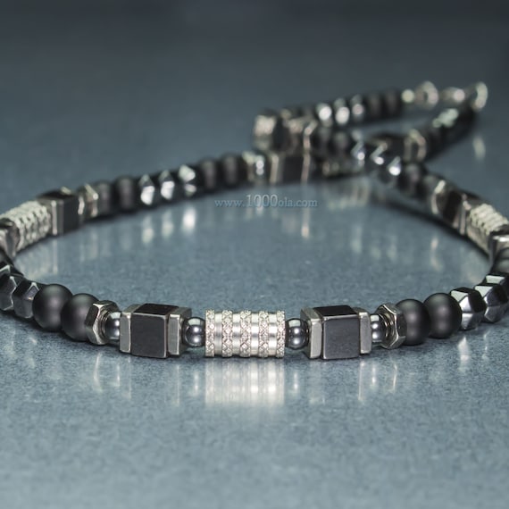 Men's/men's Necklace 6mm gem gemstone agate black Hematite Hexagon rings stainless steel silver color handmade made in France