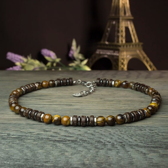 Sublime Necklace Man / Woman Natural stone 8mm Tiger eye wood coconut hematite stainless metal silver color