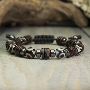 Men/men bracelet - 8mm pearls natural stone Agate Dzi with 3 eyes Hematite Tibetan style Made in France