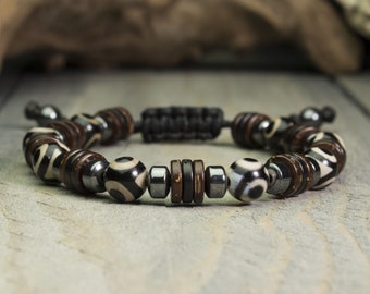 Bracelet Homme/men Ø 8mm perles pierre naturelle Agate Dzi à 3 yeux Hématite style Tibétain Made in France